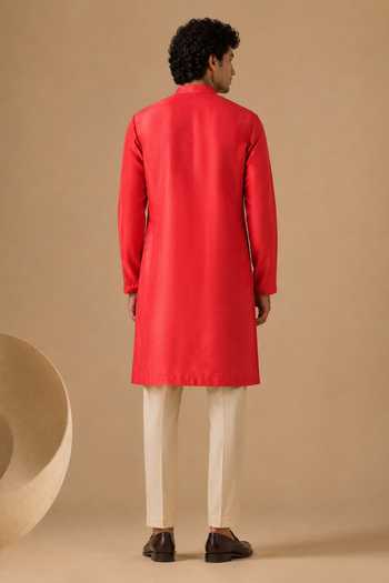 Mayank Modi - Men Coral Red Chanderi Kurta Set 