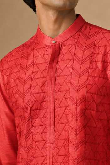 Shop Mayank Modi - Men Coral Chanderi Red Kurta Set Online at Aza Fashions Shop_Mayank Modi - Men_Coral Chanderi Red Kurta Set _Online_at_Aza_Fashions