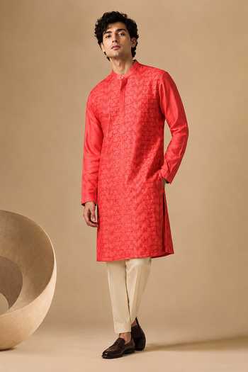 Mayank Modi - Men Coral Red Chanderi Kurta Set 