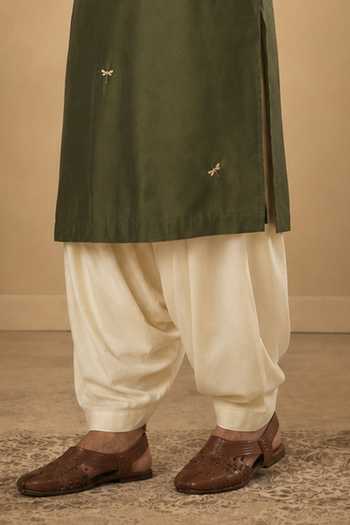 Mayank Modi - Men Olive Green Silk, Cotton Embroidered Dragonfly Kurta And Salwar Set Online at Aza Fashions Mayank Modi - Men_Olive Green Silk, Cotton Embroidered Dragonfly Kurta And Salwar Set _Online_at_Aza_Fashions