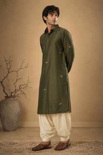 Buy Mayank Modi - Men Olive Green Silk, Cotton Embroidered Dragonfly Kurta And Salwar Set Online at Aza Fashions Buy_Mayank Modi - Men_Olive Green Silk, Cotton Embroidered Dragonfly Kurta And Salwar Set _Online_at_Aza_Fashions