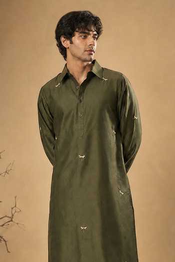 Shop Mayank Modi - Men Olive Green Silk, Cotton Embroidered Dragonfly Kurta And Salwar Set Online at Aza Fashions Shop_Mayank Modi - Men_Olive Green Silk, Cotton Embroidered Dragonfly Kurta And Salwar Set _Online_at_Aza_Fashions