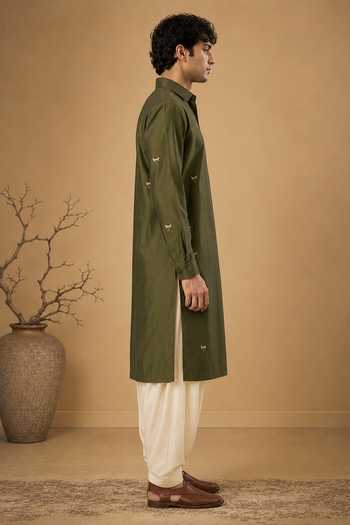 Mayank Modi - Men Olive Green Silk, Cotton Embroidered Dragonfly Kurta And Salwar Set at Aza Fashions Mayank Modi - Men_Olive Green Silk, Cotton Embroidered Dragonfly Kurta And Salwar Set _at_Aza_Fashions