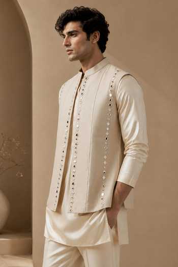 Mayank Modi - Men Beige Silk, Cotton Mirror Work Nehru Jacket Online at Aza Fashions Mayank Modi - Men_Beige Silk, Cotton Mirror Work Nehru Jacket _Online_at_Aza_Fashions