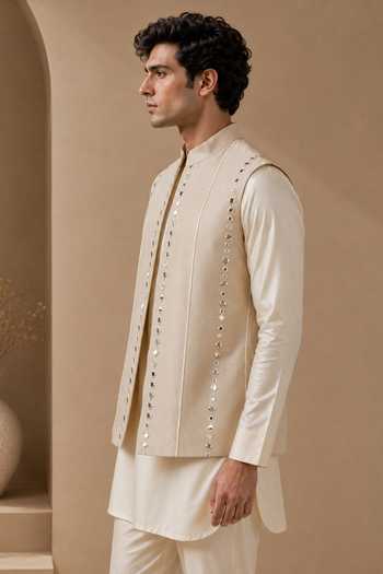 Buy Mayank Modi - Men Beige Silk, Cotton Mirror Work Nehru Jacket Online at Aza Fashions Buy_Mayank Modi - Men_Beige Silk, Cotton Mirror Work Nehru Jacket _Online_at_Aza_Fashions