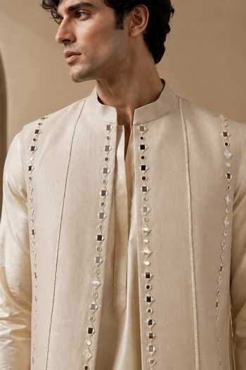 Shop Mayank Modi - Men Beige Silk, Cotton Mirror Work Nehru Jacket Online at Aza Fashions Shop_Mayank Modi - Men_Beige Silk, Cotton Mirror Work Nehru Jacket _Online_at_Aza_Fashions