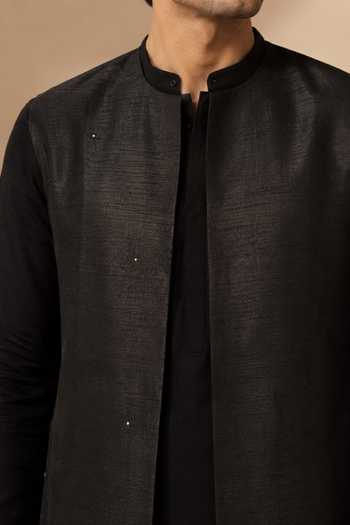 Shop Mayank Modi - Men Black Bemberg, Silk Short Nehru Jacket Online at Aza Fashions Shop_Mayank Modi - Men_Black Bemberg, Silk Short Nehru Jacket _Online_at_Aza_Fashions