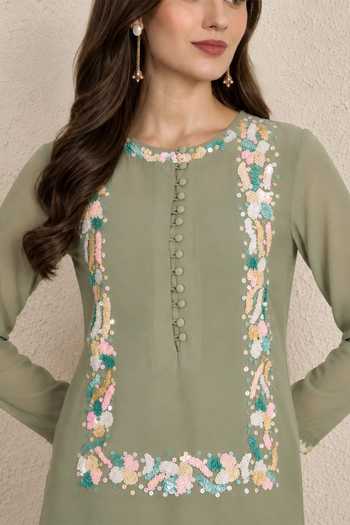 NUHH_Green Round Neck Embroidered Kurta And Pleated Palazzo Set _Online_at_Aza_Fashions