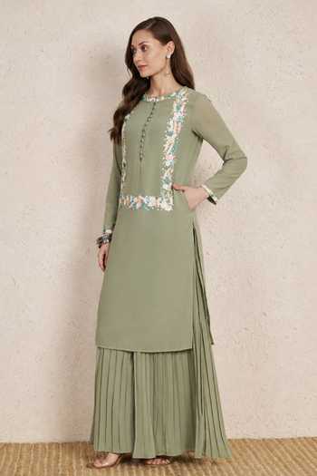 Buy_NUHH_Green Round Neck Embroidered Kurta And Pleated Palazzo Set _Online_at_Aza_Fashions
