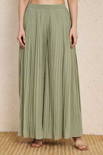 NUHH_Green Round Neck Embroidered Kurta And Pleated Palazzo Set _at_Aza_Fashions