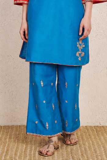 NUHH_Blue Silk Mandarin Collar Colorblock Kurta Set _Online_at_Aza_Fashions