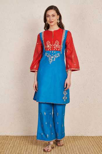 Shop_NUHH_Blue Silk Mandarin Collar Colorblock Kurta Set _Online_at_Aza_Fashions