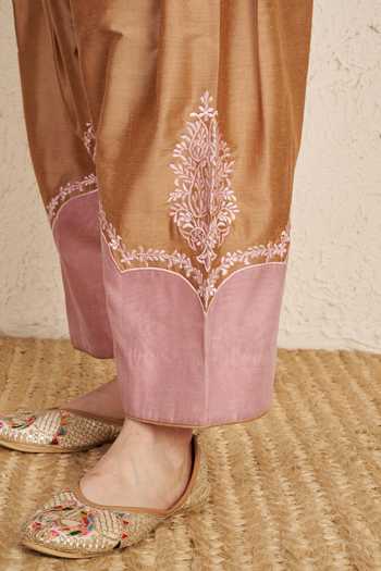 Shop_NUHH_Beige Silk Split V-neck, Yes Hand Embroidered Kurta Set _Online_at_Aza_Fashions