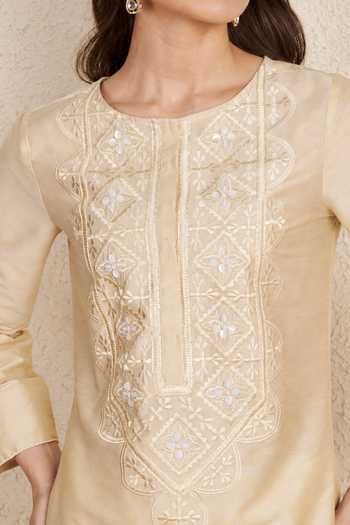 NUHH_Ivory Silk Round Neck Embroidered Kurta Set _Online_at_Aza_Fashions