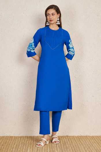 NUHH_Cobalt Cotton Round Neck, Yes Blue Kurta Set _Online_at_Aza_Fashions