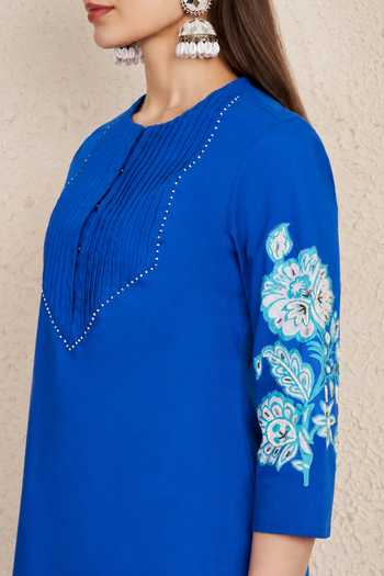 Buy_NUHH_Cobalt Cotton Round Neck, Yes Blue Kurta Set _Online_at_Aza_Fashions