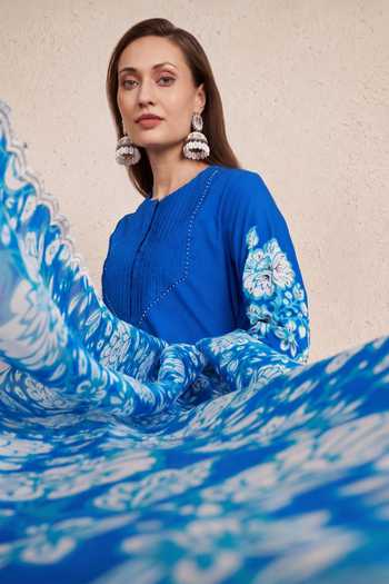 Shop_NUHH_Cobalt Cotton Round Neck, Yes Blue Kurta Set _Online_at_Aza_Fashions