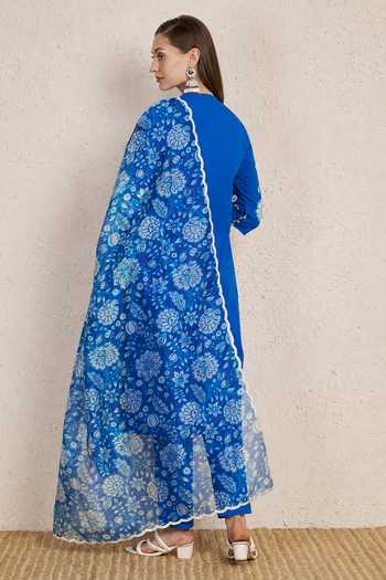 NUHH Cobalt Blue Cotton Kurta Set 