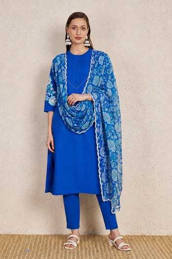 NUHH Cobalt Blue Cotton Kurta Set 
