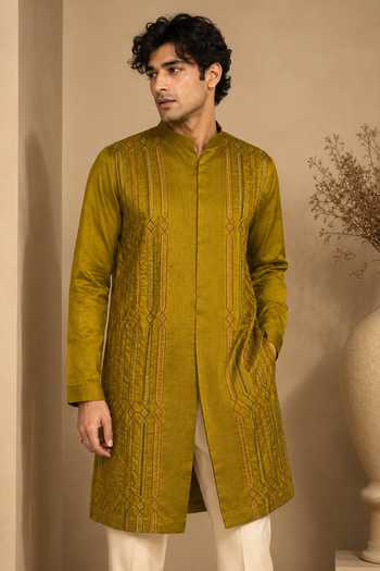 Mayank Modi - Men_Yellow Fiona Embroidered Kurta Set _at_Aza_Fashions