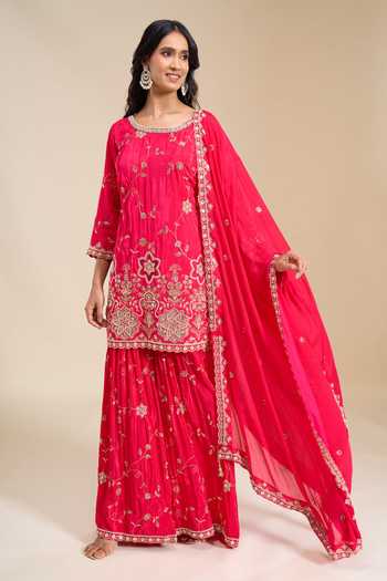 Buy Aariyana Couture Pink Crepe Round Neck Embroidered Kurta Set Online at Aza Fashions Buy_Aariyana Couture_Pink Crepe Round Neck Embroidered Kurta Set _Online_at_Aza_Fashions