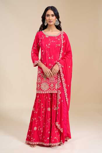 Buy Aariyana Couture Pink Crepe Round Neck Embroidered Kurta Set Buy_Aariyana Couture_Pink Crepe Round Neck Embroidered Kurta Set