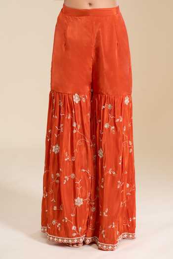 Aariyana Couture_Orange Crepe Round Neck Embroidered Kurta Sharara Set _Online_at_Aza_Fashions
