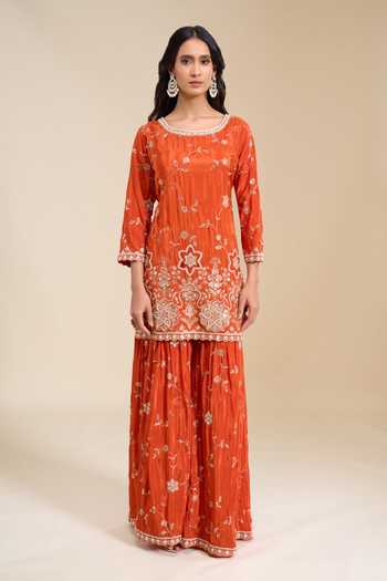 Buy_Aariyana Couture_Orange Crepe Round Neck Embroidered Kurta Sharara Set _Online_at_Aza_Fashions