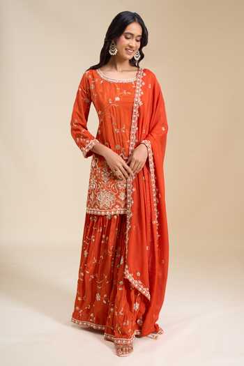 Shop_Aariyana Couture_Orange Crepe Round Neck Embroidered Kurta Sharara Set _Online_at_Aza_Fashions