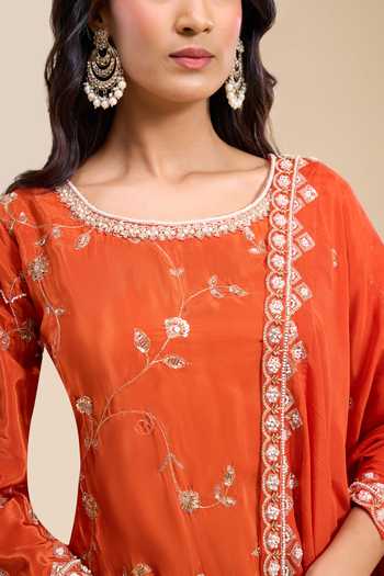 Aariyana Couture_Orange Crepe Round Neck Embroidered Kurta Sharara Set _at_Aza_Fashions
