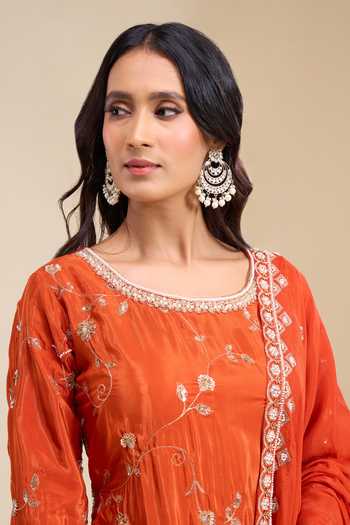 Buy_Aariyana Couture_Orange Crepe Round Neck Embroidered Kurta Sharara Set 