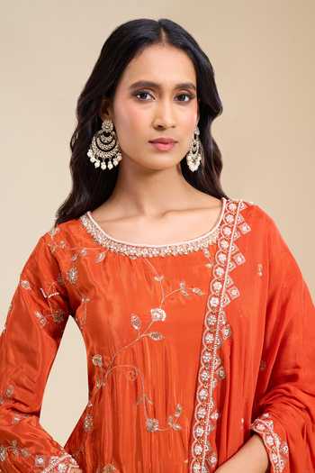 Shop_Aariyana Couture_Orange Crepe Round Neck Embroidered Kurta Sharara Set 