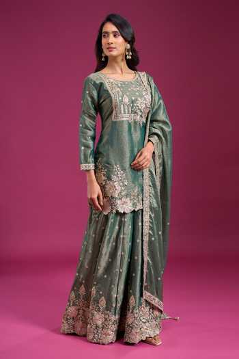 Shop_Aariyana Couture_Green Round Neck, Yes Yoke Embroidered Kurta Set _Online_at_Aza_Fashions