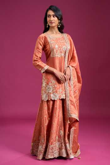 Aariyana Couture_Peach Round Neck, Yes Yoke Embroidered Kurta Set _Online_at_Aza_Fashions