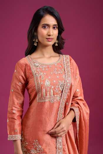 Shop_Aariyana Couture_Peach Round Neck, Yes Yoke Embroidered Kurta Set _Online_at_Aza_Fashions
