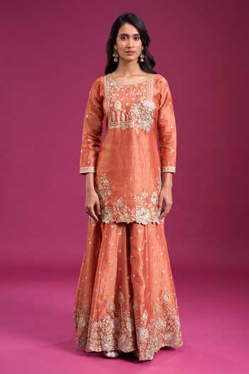 Shop_Aariyana Couture_Peach Round Neck, Yes Yoke Embroidered Kurta Set 