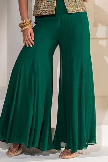 Buy_Rasasvada_Emerald Green Silk, Georgette, Dupion V-neck, Embellished Jacket Sharara Set 