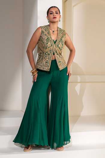Shop_Rasasvada_Emerald Green Silk, Georgette, Dupion V-neck, Embellished Jacket Sharara Set 