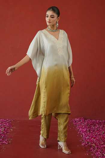 Buy Masoomm Ivory Shantoon, Cotton V-neck Ombre Kaftan And Pant Set Online at Aza Fashions Buy_Masoomm_Ivory Shantoon, Cotton V-neck Ombre Kaftan And Pant Set _Online_at_Aza_Fashions