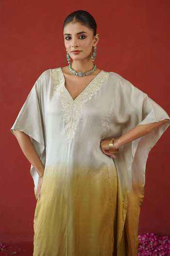 Masoomm Ivory Shantoon, Cotton V-neck Ombre Kaftan And Pant Set at Aza Fashions Masoomm_Ivory Shantoon, Cotton V-neck Ombre Kaftan And Pant Set _at_Aza_Fashions