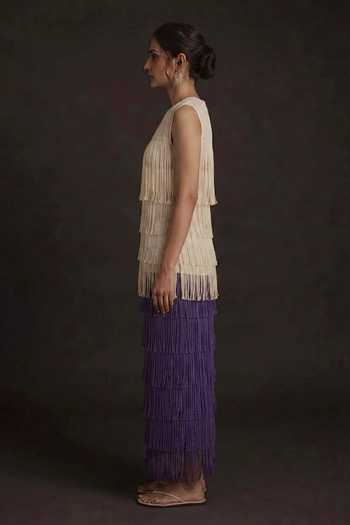 Crimp White Polyester Round Neck Fringed Layered Sleeveless Top And Skirt Set Online at Aza Fashions Crimp_White Polyester Round Neck Fringed Layered Sleeveless Top And Skirt Set _Online_at_Aza_Fashions