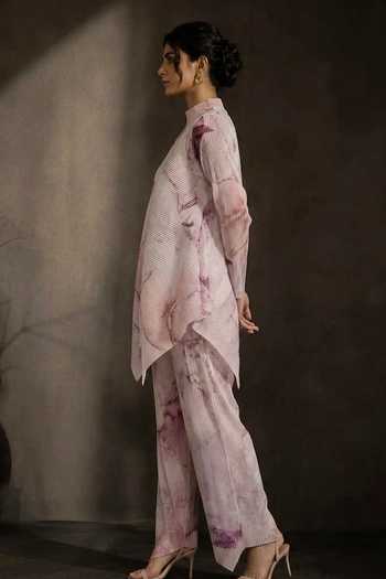 Crimp Lavender Polyester High Neck Pleated Printed Kurta And Pant Set Online at Aza Fashions Crimp_Lavender Polyester High Neck Pleated Printed Kurta And Pant Set _Online_at_Aza_Fashions