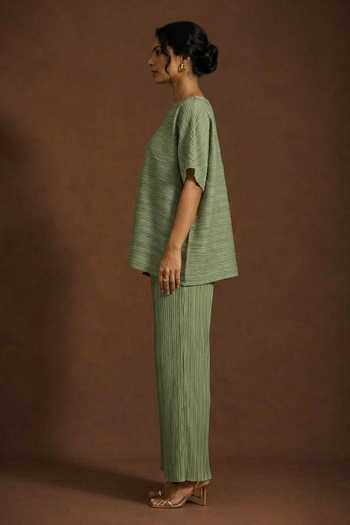 Crimp Green Polyester Boat Neck Pleated Top And Trouser Set Online at Aza Fashions Crimp_Green Polyester Boat Neck Pleated Top And Trouser Set _Online_at_Aza_Fashions