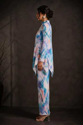Crimp Blue Polyester Mandarin Collar Abstract Print Top And Pant Set Online at Aza Fashions Crimp_Blue Polyester Mandarin Collar Abstract Print Top And Pant Set _Online_at_Aza_Fashions