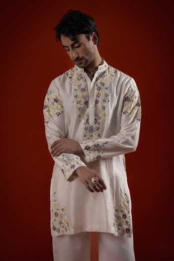 Buy Sanchit Sharma Ivory Linen Floral Embroidered Kurta Set Online at Aza Fashions Buy_Sanchit Sharma_Ivory Linen Floral Embroidered Kurta Set _Online_at_Aza_Fashions