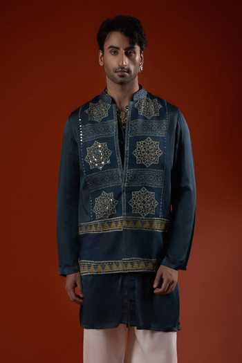 Sanchit Sharma Blue Silk Embroidered Bundi With Kurta Set Online at Aza Fashions Sanchit Sharma_Blue Silk Embroidered Bundi With Kurta Set _Online_at_Aza_Fashions