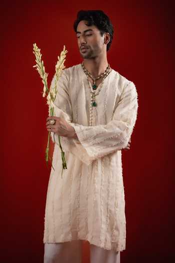 Sanchit Sharma Ivory Cotton Textured Kurta Set Online at Aza Fashions Sanchit Sharma_Ivory Cotton Textured Kurta Set _Online_at_Aza_Fashions