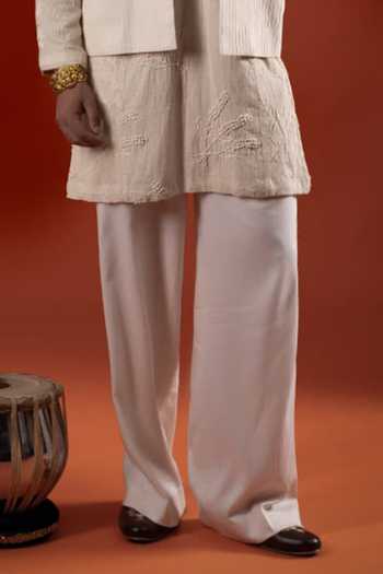 Sanchit Sharma Ivory Cotton Textured Kurta Set With Bundi Online at Aza Fashions Sanchit Sharma_Ivory Cotton Textured Kurta Set With Bundi _Online_at_Aza_Fashions