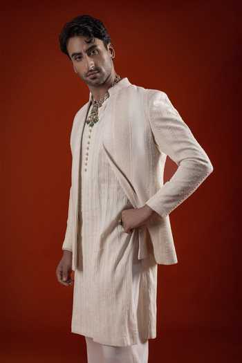 Buy Sanchit Sharma Ivory Silk Textured Kurta And Jacket Set Online at Aza Fashions Buy_Sanchit Sharma_Ivory Silk Textured Kurta And Jacket Set _Online_at_Aza_Fashions