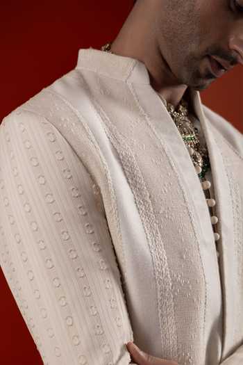 Shop Sanchit Sharma Ivory Silk Textured Kurta And Jacket Set Online at Aza Fashions Shop_Sanchit Sharma_Ivory Silk Textured Kurta And Jacket Set _Online_at_Aza_Fashions